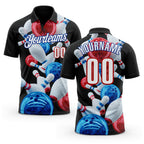 Custom Black White Red-Royal Bowling Ball And Pins Strike Performance Polo Shirt