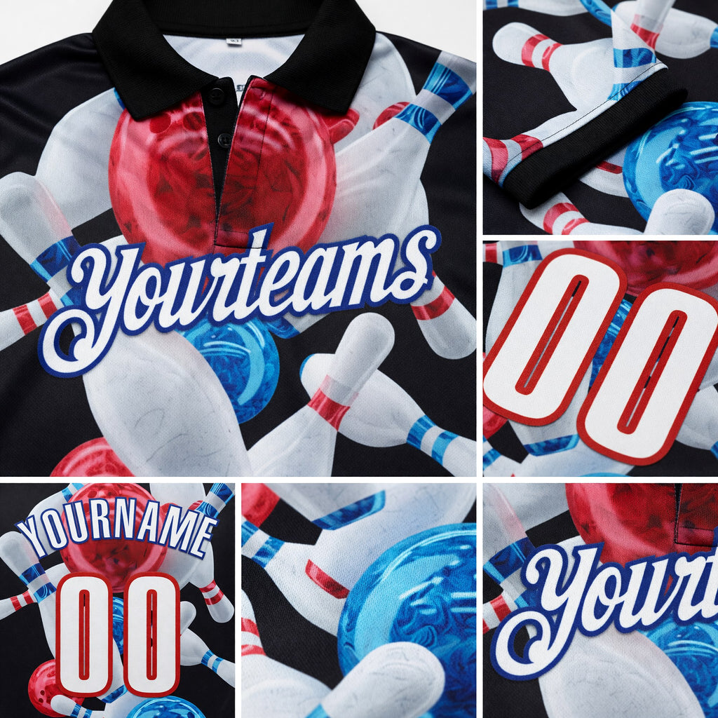 Custom Black White Red-Royal Bowling Ball And Pins Strike Performance Polo Shirt detail
