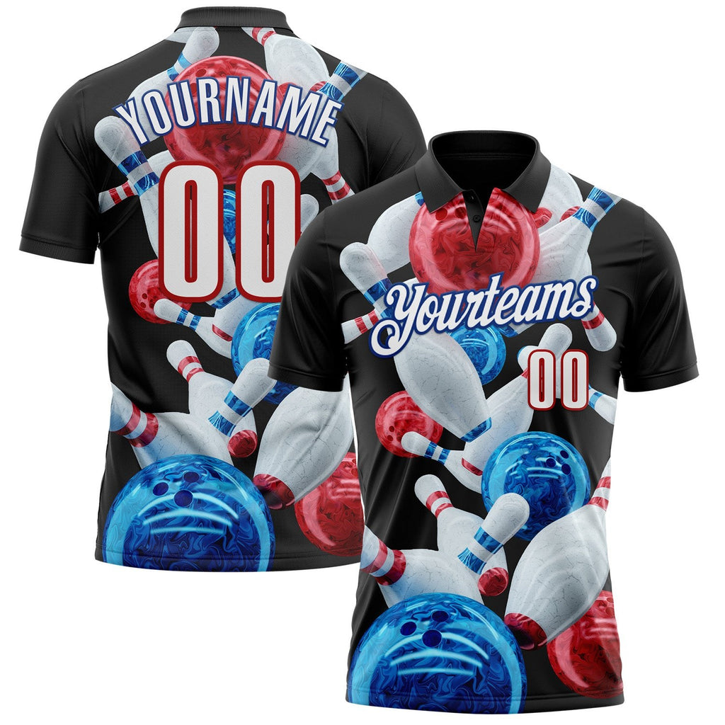 Custom Black White Red-Royal Bowling Ball And Pins Strike Performance Polo Shirt photo 1