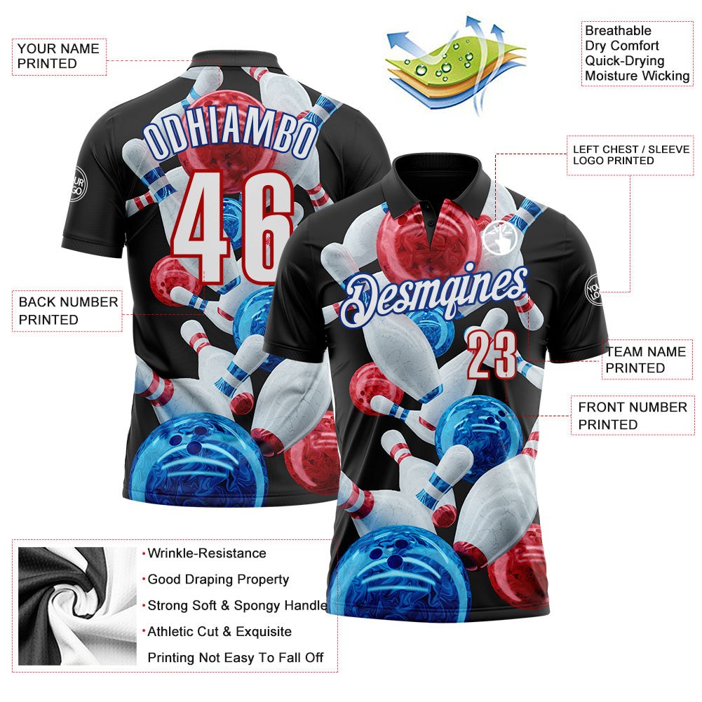 Custom Black White Red-Royal Bowling Ball And Pins Strike Performance Polo Shirt photo 3