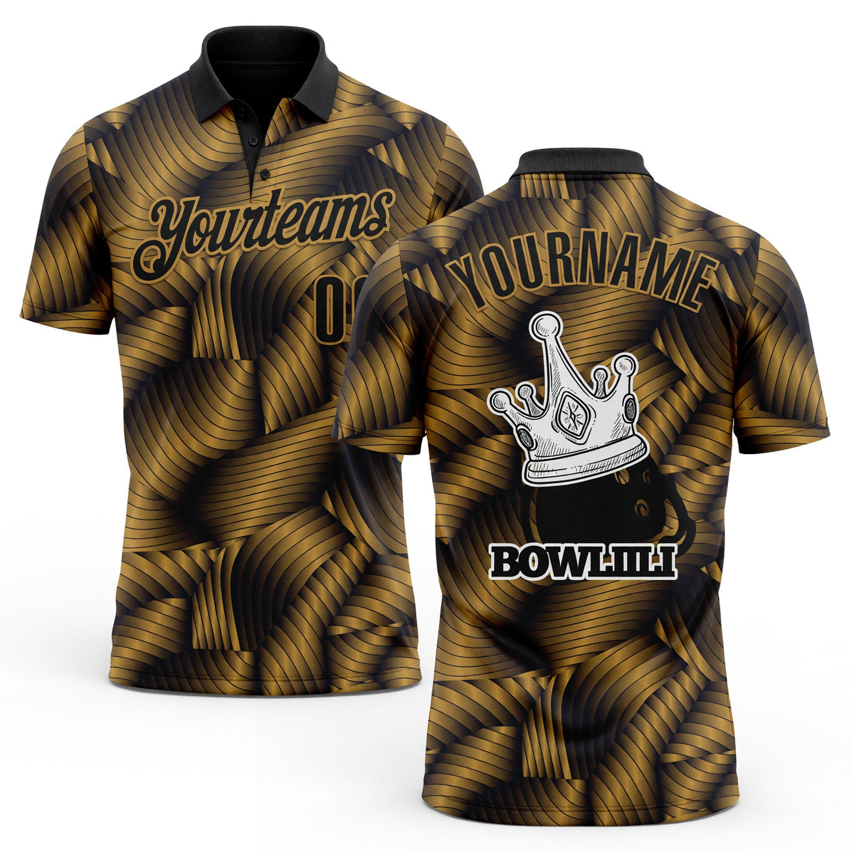Custom Black-Old Gold Bowling Crown Performance Polo Shirt