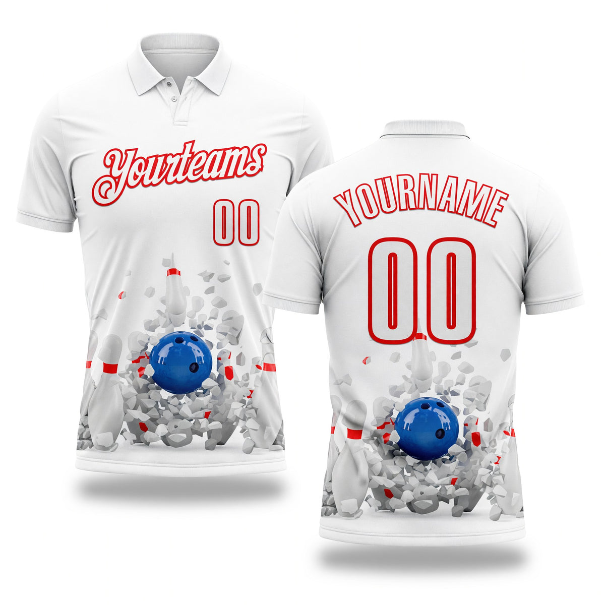 Custom White-Fire Red Bowling Ball And Pins Strike Performance Polo Shirt