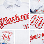 Custom White-Fire Red Bowling Ball And Pins Strike Performance Polo Shirt detail