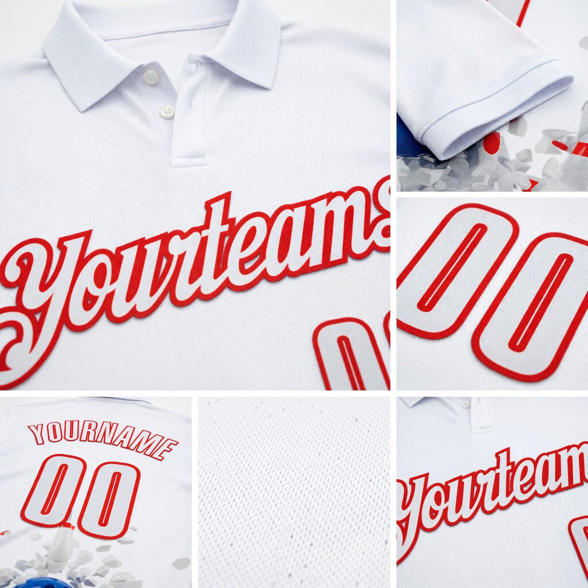 Custom White-Fire Red Bowling Ball And Pins Strike Performance Polo Shirt detail