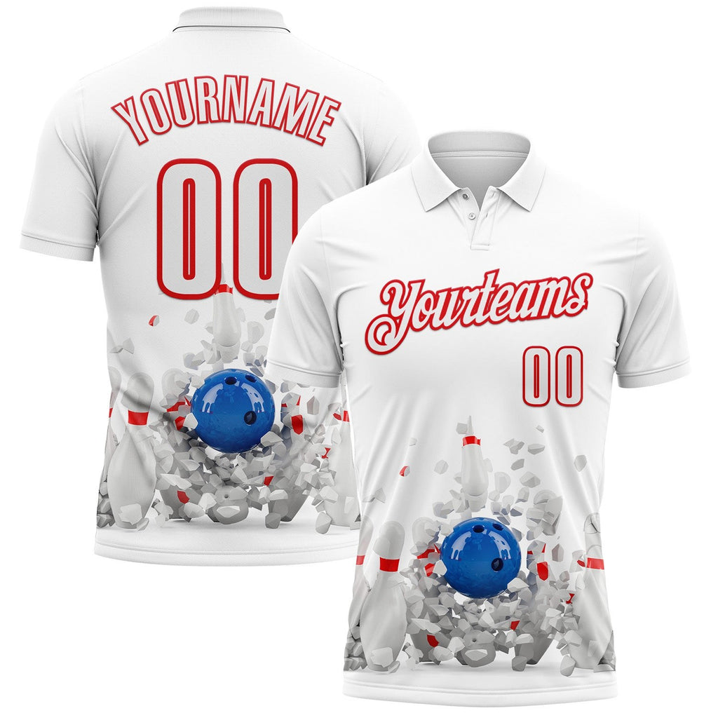 Custom White-Fire Red Bowling Ball And Pins Strike Performance Polo Shirt photo 1