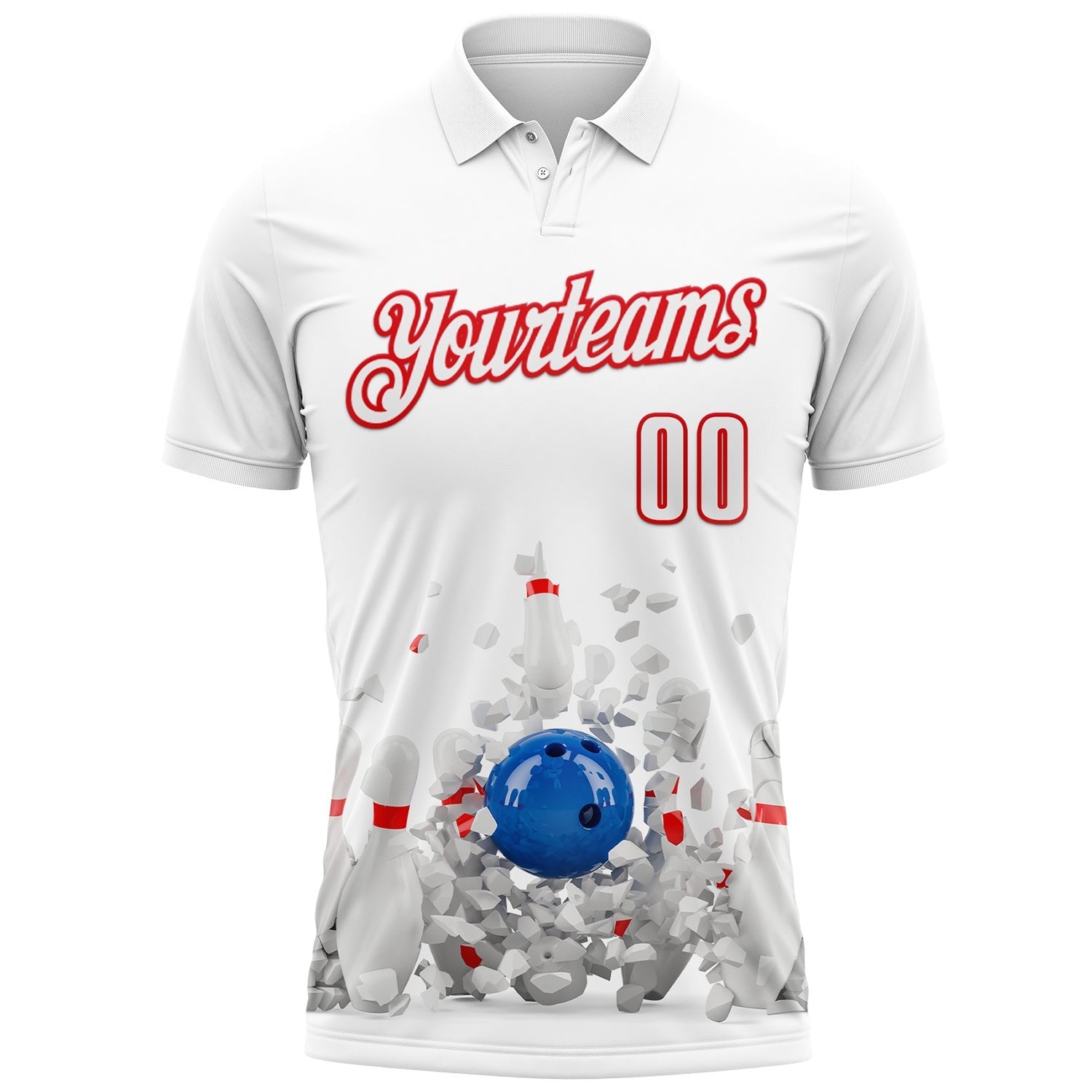 Custom White-Fire Red Bowling Ball And Pins Strike Performance Polo Shirt photo 2