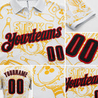 Custom White Black Gold-Red Bowling Ball And Pins Strike Performance Polo Shirt detail