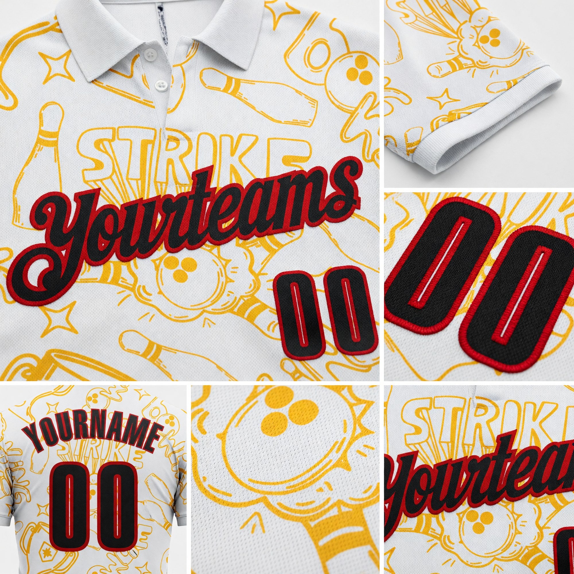 Custom White Black Gold-Red Bowling Ball And Pins Strike Performance Polo Shirt detail