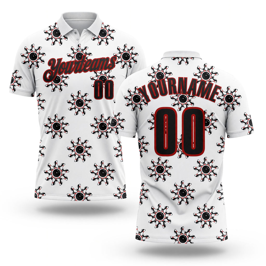 Custom White Black-Red Bowling Ball And Pins Strike Performance Polo Shirt