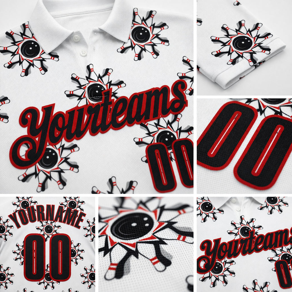 Custom White Black-Red Bowling Ball And Pins Strike Performance Polo Shirt detail