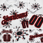 Custom White Black-Red Bowling Ball And Pins Strike Performance Polo Shirt detail
