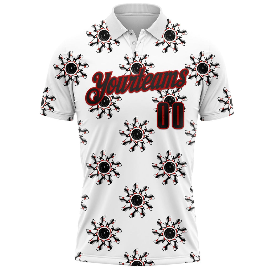 Custom White Black-Red Bowling Ball And Pins Strike Performance Polo Shirt photo 1