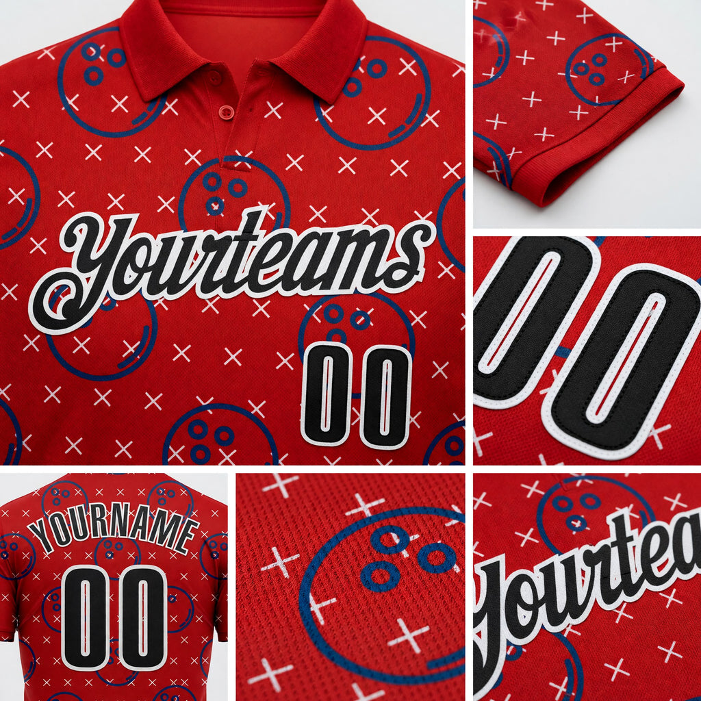 Custom Red Black-White Bowling Ball Performance Polo Shirt detail