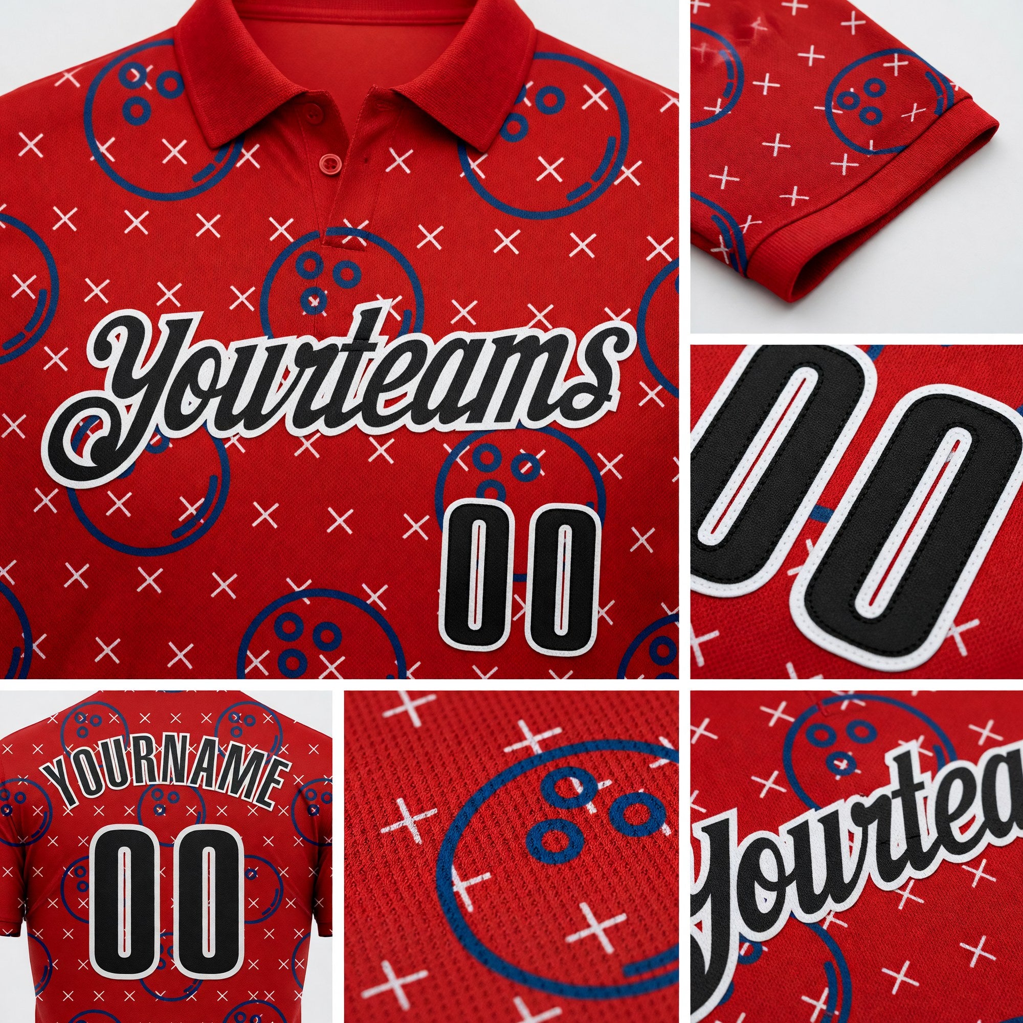 Custom Red Black-White Bowling Ball Performance Polo Shirt detail