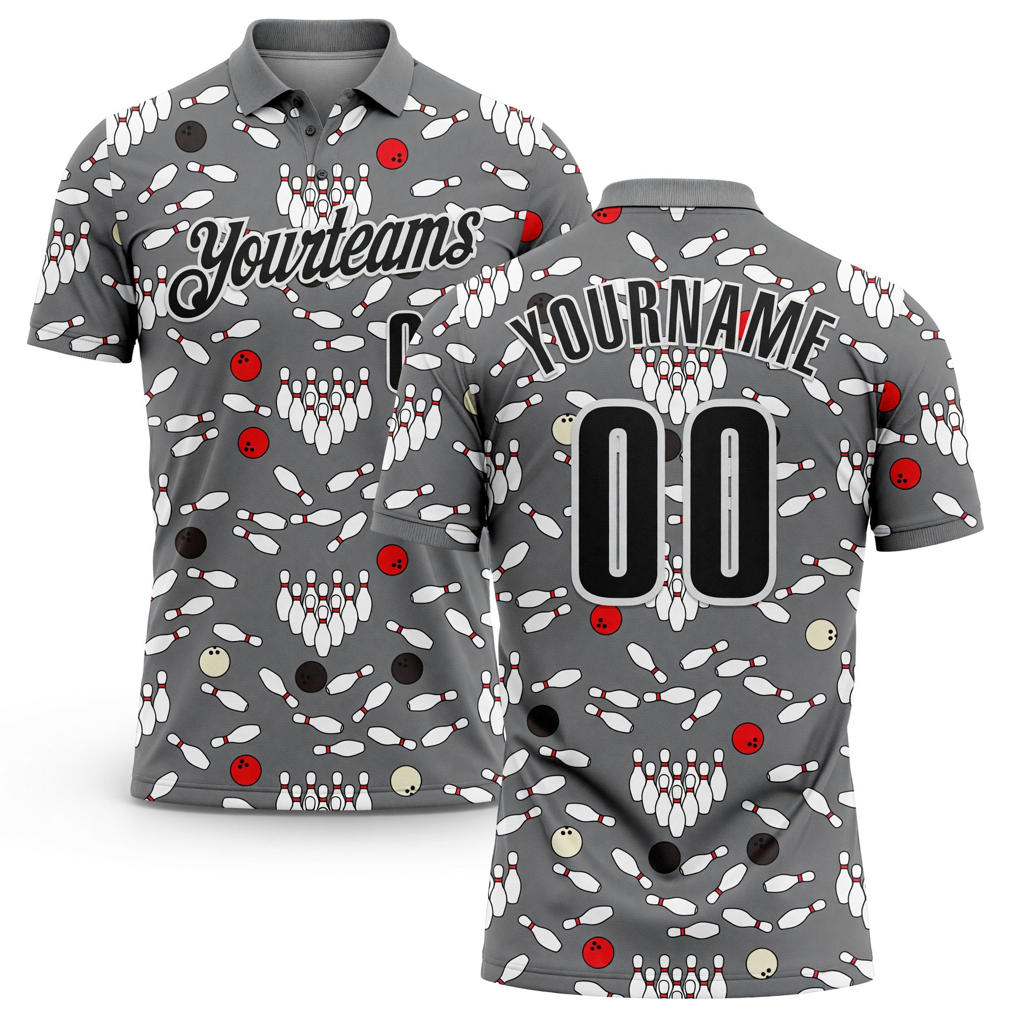Custom Steel Gray Black-White Bowling Ball And Pins Strike Performance Polo Shirt
