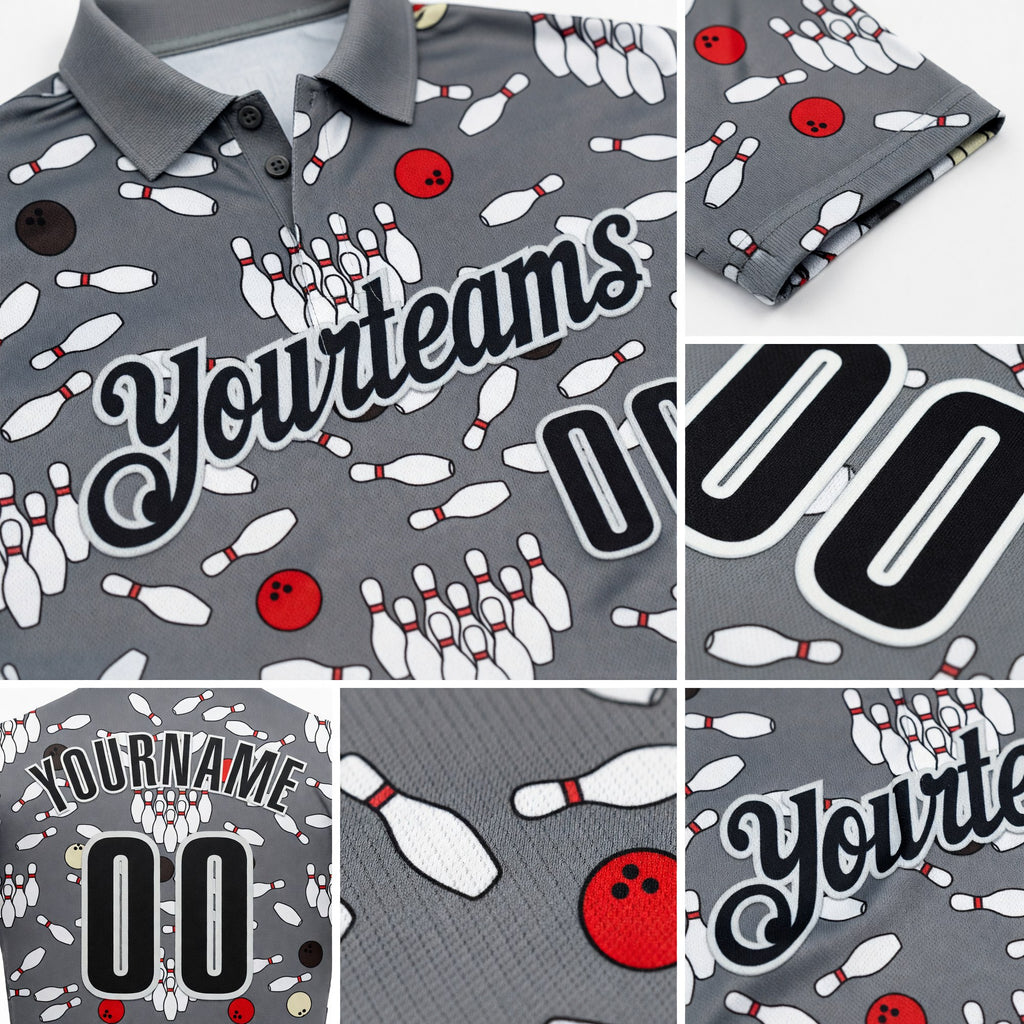 Custom Steel Gray Black-White Bowling Ball And Pins Strike Performance Polo Shirt detail