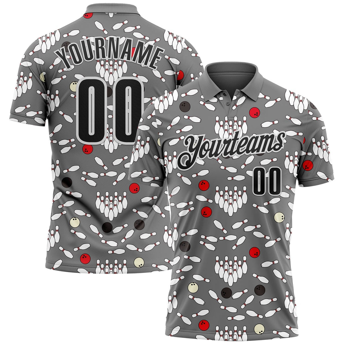 Custom Steel Gray Black-White Bowling Ball And Pins Strike Performance Polo Shirt photo 1