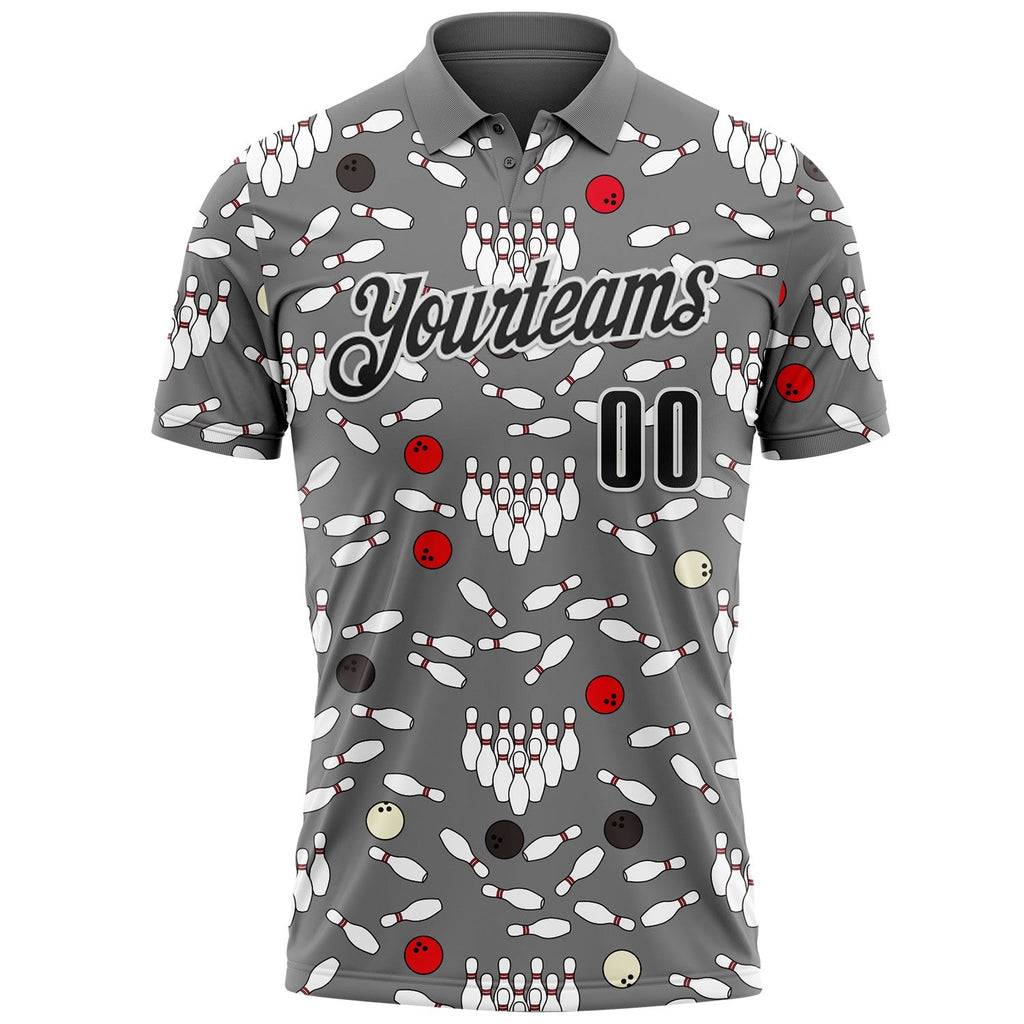 Custom Steel Gray Black-White Bowling Ball And Pins Strike Performance Polo Shirt photo 2