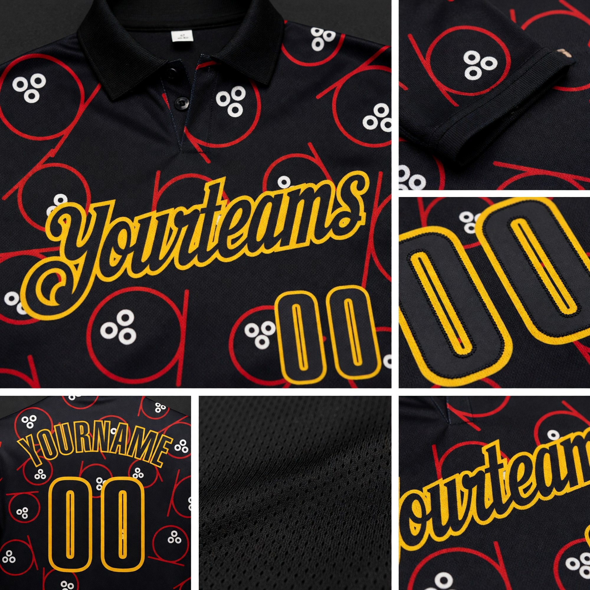 Custom Black-Gold Bowling Ball Performance Polo Shirt detail
