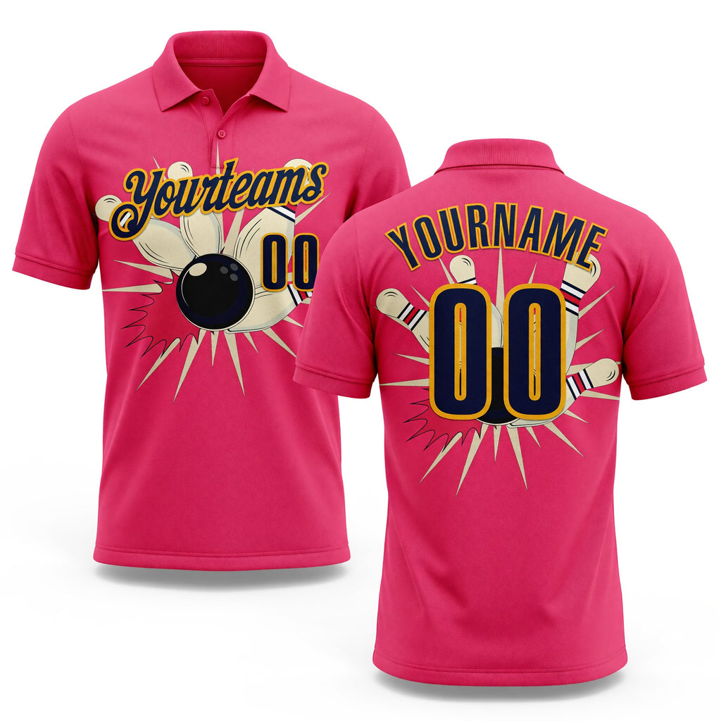 Custom Neon Pink Navy-Gold Bowling Ball And Pins Strike Performance Polo Shirt
