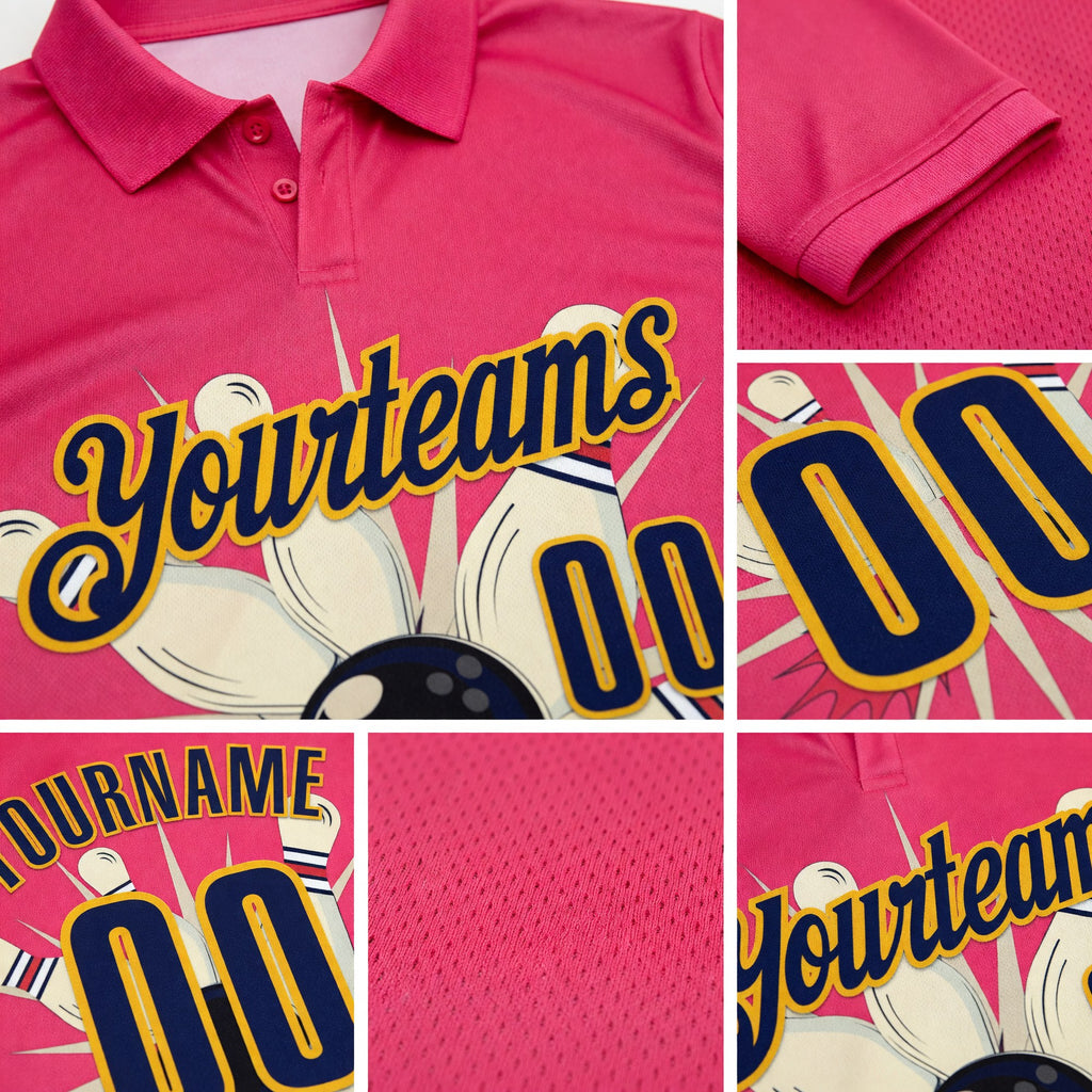 Custom Neon Pink Navy-Gold Bowling Ball And Pins Strike Performance Polo Shirt detail