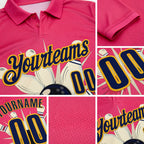 Custom Neon Pink Navy-Gold Bowling Ball And Pins Strike Performance Polo Shirt detail