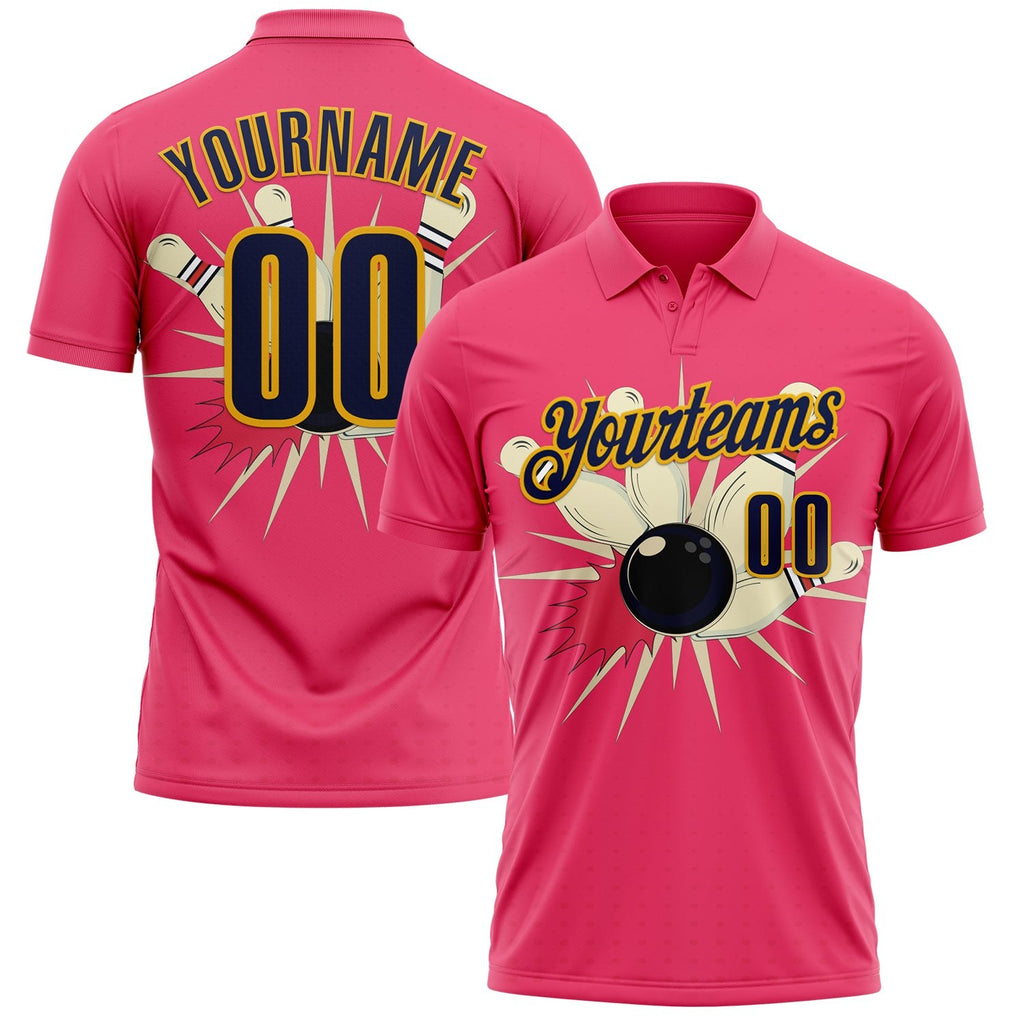 Custom Neon Pink Navy-Gold Bowling Ball And Pins Strike Performance Polo Shirt photo 1