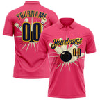 Custom Neon Pink Navy-Gold Bowling Ball And Pins Strike Performance Polo Shirt photo 1