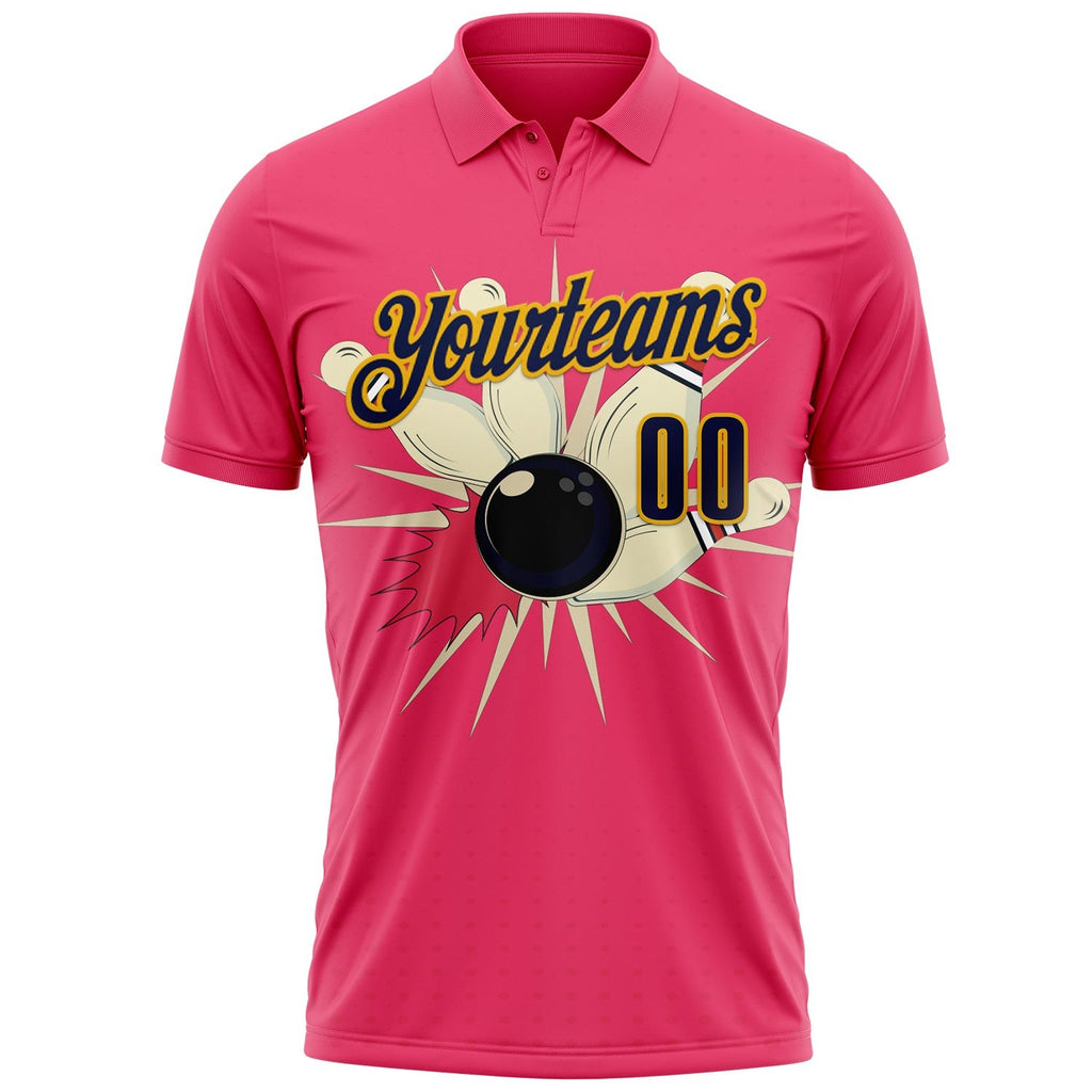 Custom Neon Pink Navy-Gold Bowling Ball And Pins Strike Performance Polo Shirt photo 2