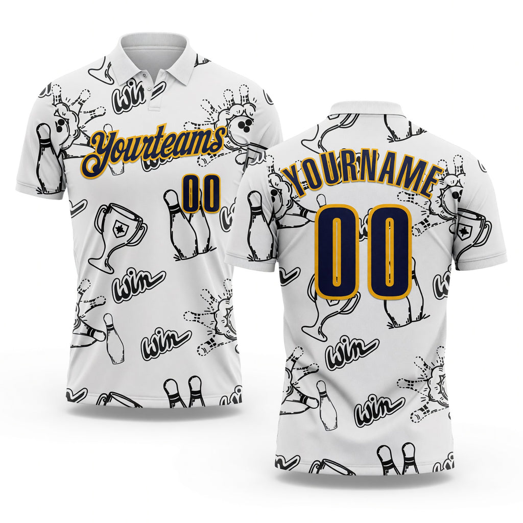 Custom White Navy-Gold Bowling Win Performance Polo Shirt