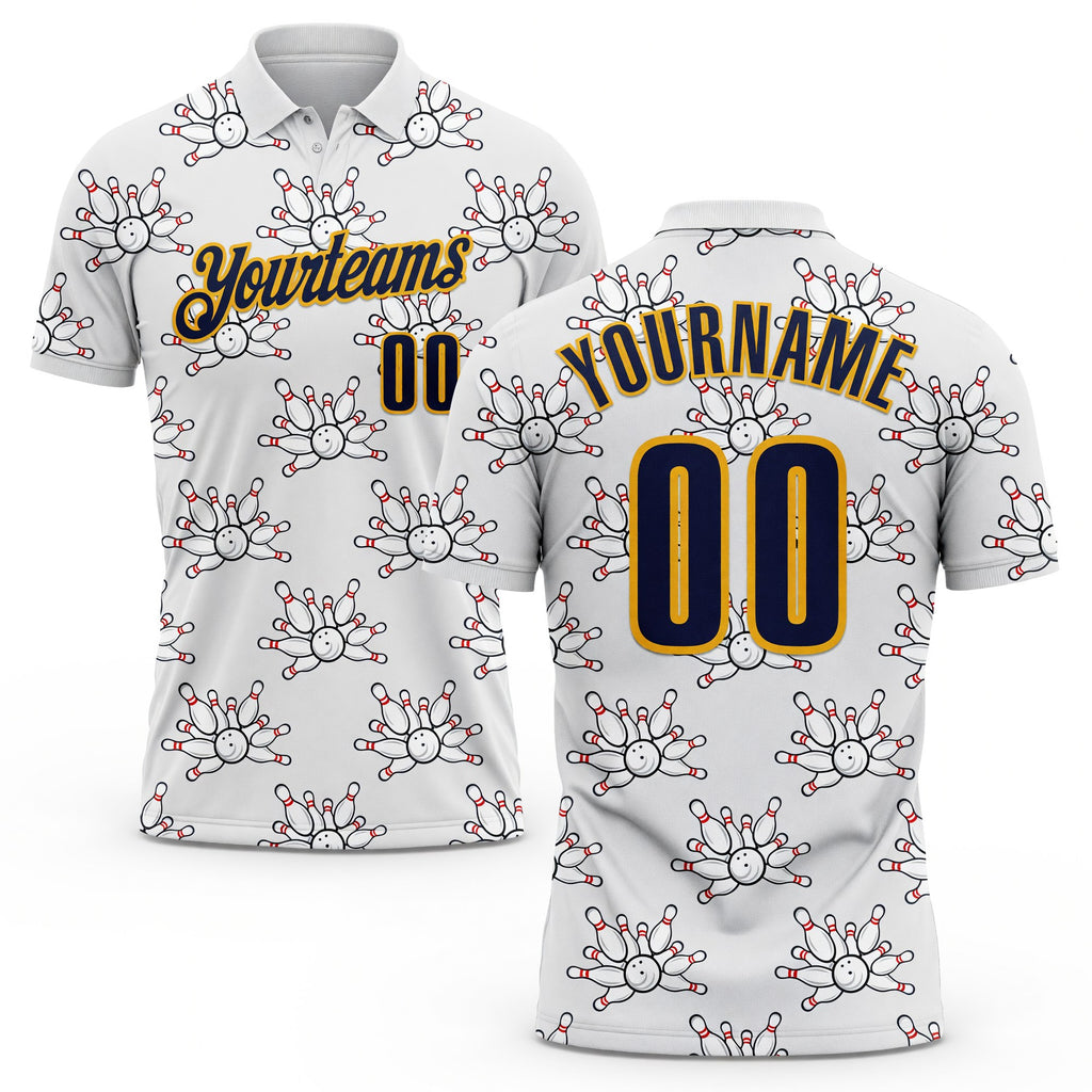 Custom White Navy-Gold Bowling Ball And Pins Strike Performance Polo Shirt