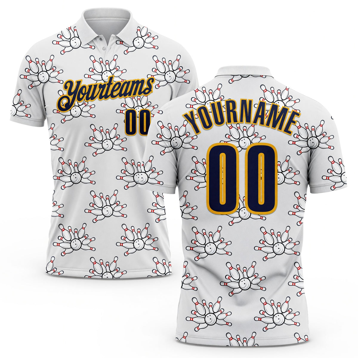Custom White Navy-Gold Bowling Ball And Pins Strike Performance Polo Shirt