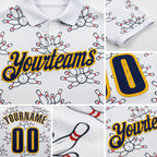 Custom White Navy-Gold Bowling Ball And Pins Strike Performance Polo Shirt detail