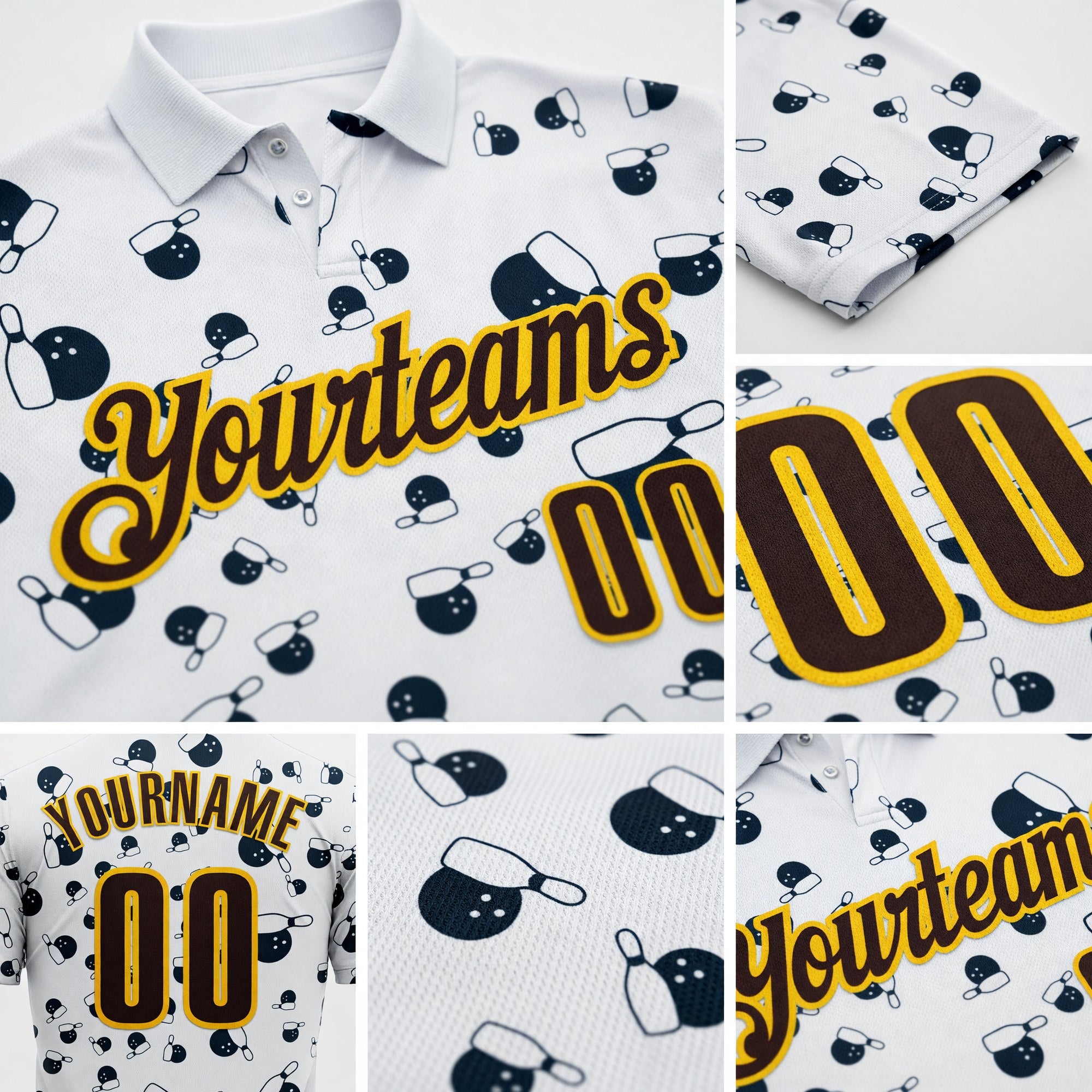 Custom White Brown-Yellow Bowling Ball And Pins Strike Performance Polo Shirt detail
