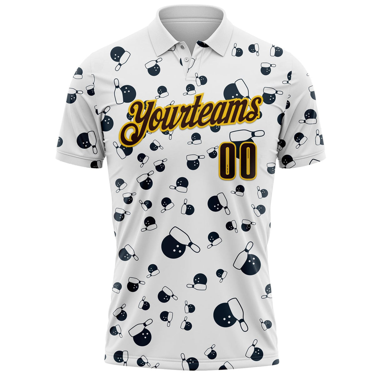 Custom White Brown-Yellow Bowling Ball And Pins Strike Performance Polo Shirt photo 1