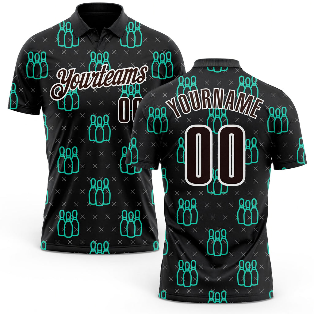 Custom Black Brown Green-White Bowling Pins Performance Polo Shirt