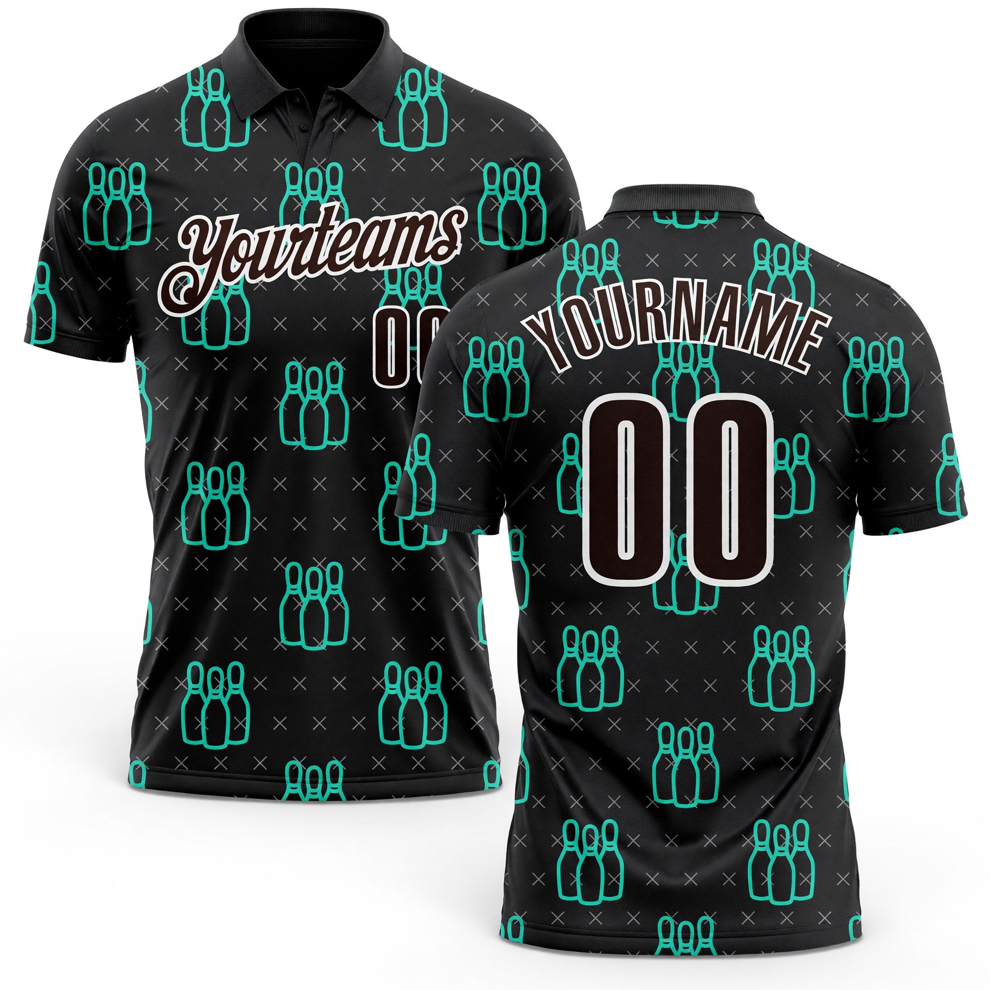 Custom Black Brown Green-White Bowling Pins Performance Polo Shirt