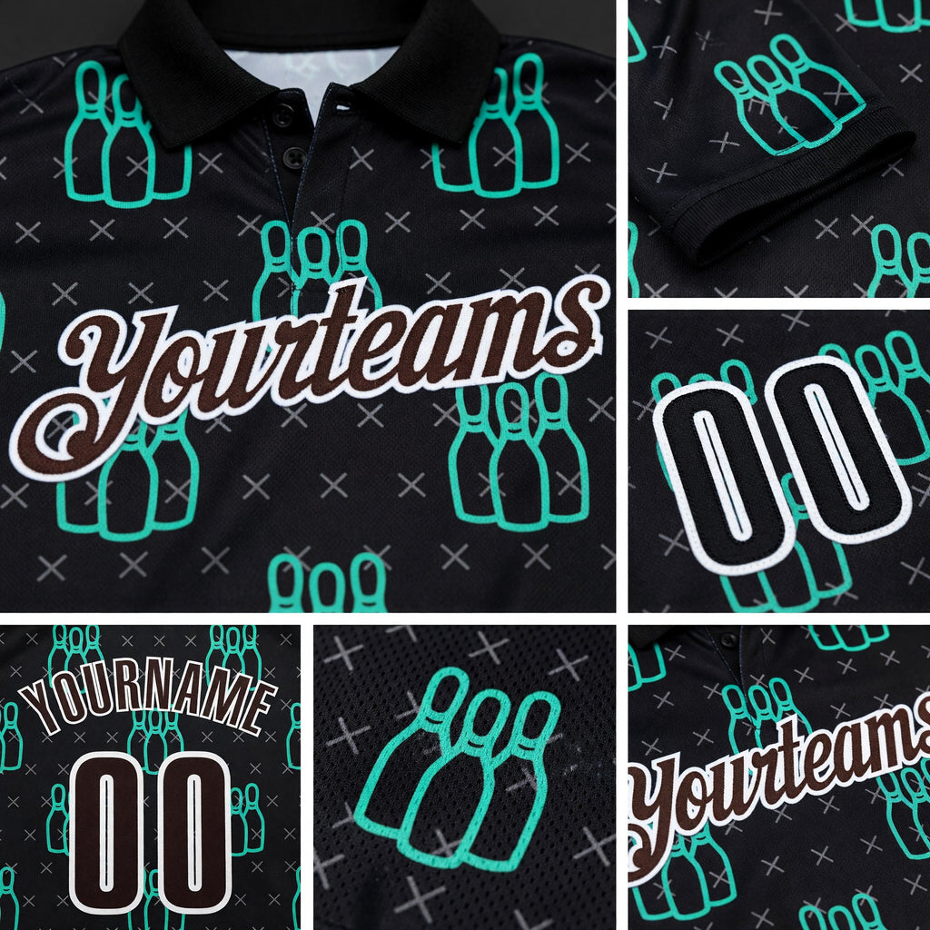 Custom Black Brown Green-White Bowling Pins Performance Polo Shirt detail