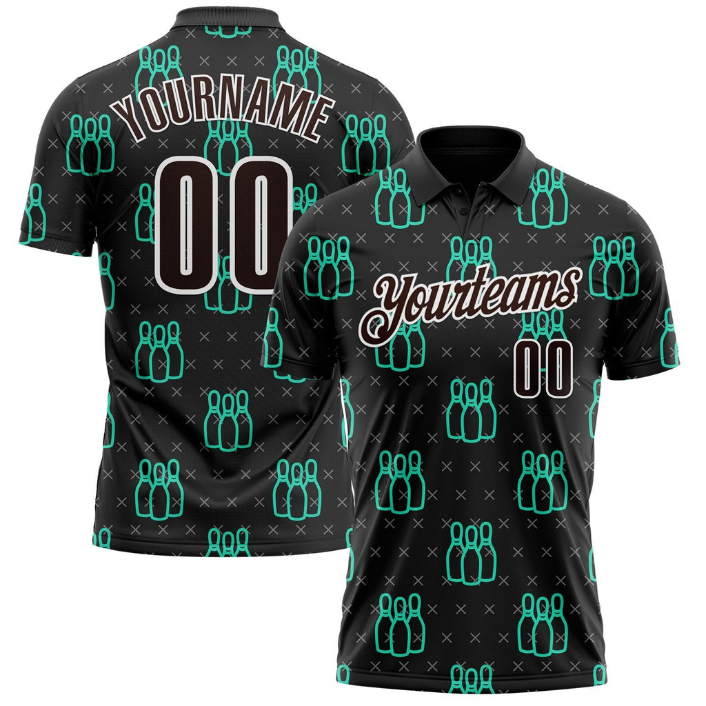 Custom Black Brown Green-White Bowling Pins Performance Polo Shirt photo 1