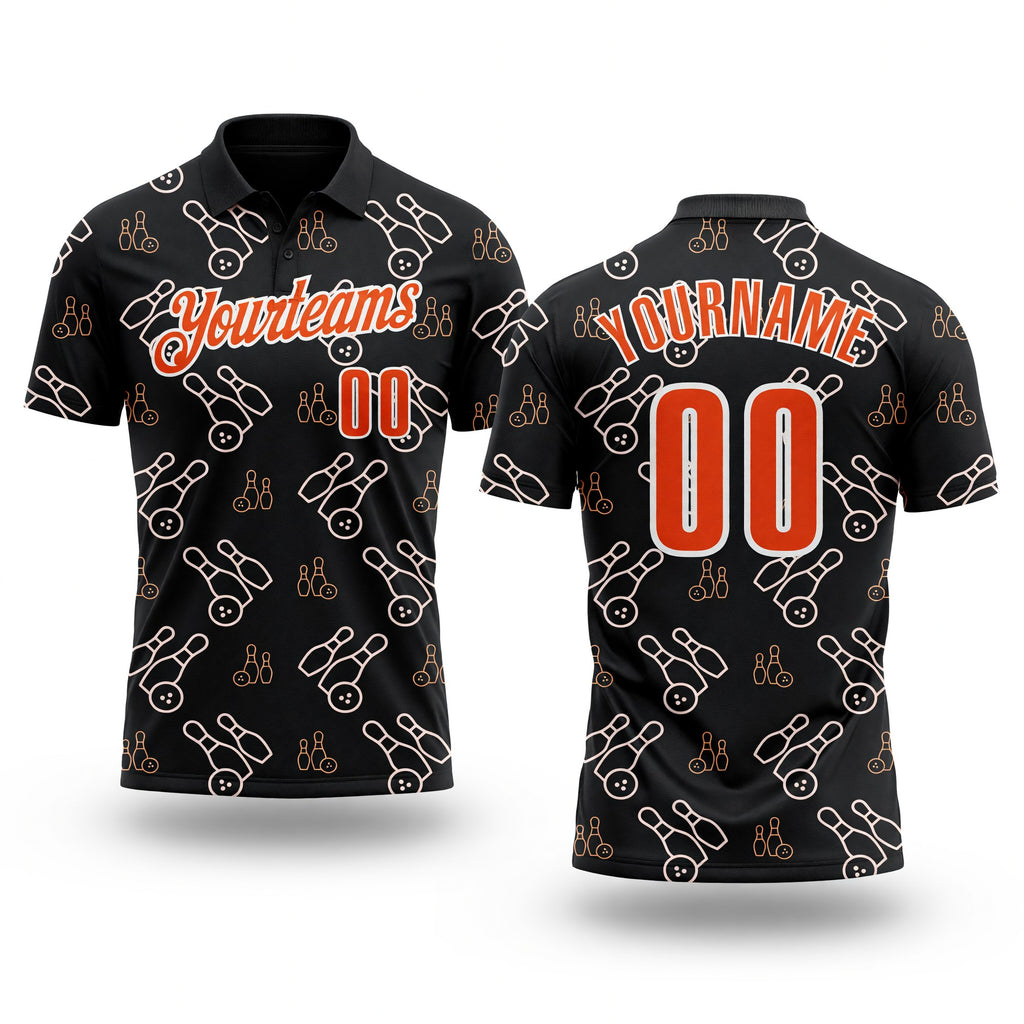 Custom Black Orange-White Bowling Ball And Pins Strike Performance Polo Shirt