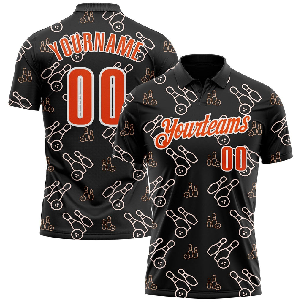 Custom Black Orange-White Bowling Ball And Pins Strike Performance Polo Shirt photo 1