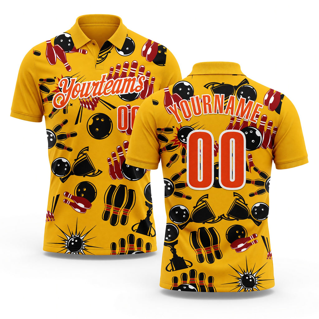 Custom Gold Orange-White Bowling Ball And Pins Strike Performance Polo Shirt