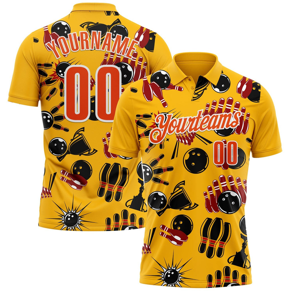 Custom Gold Orange-White Bowling Ball And Pins Strike Performance Polo Shirt photo 1