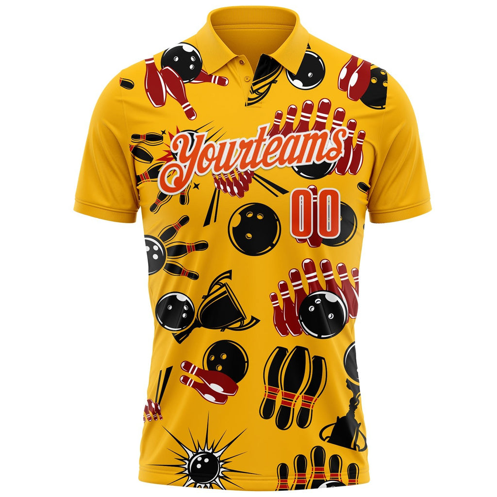 Custom Gold Orange-White Bowling Ball And Pins Strike Performance Polo Shirt photo 2
