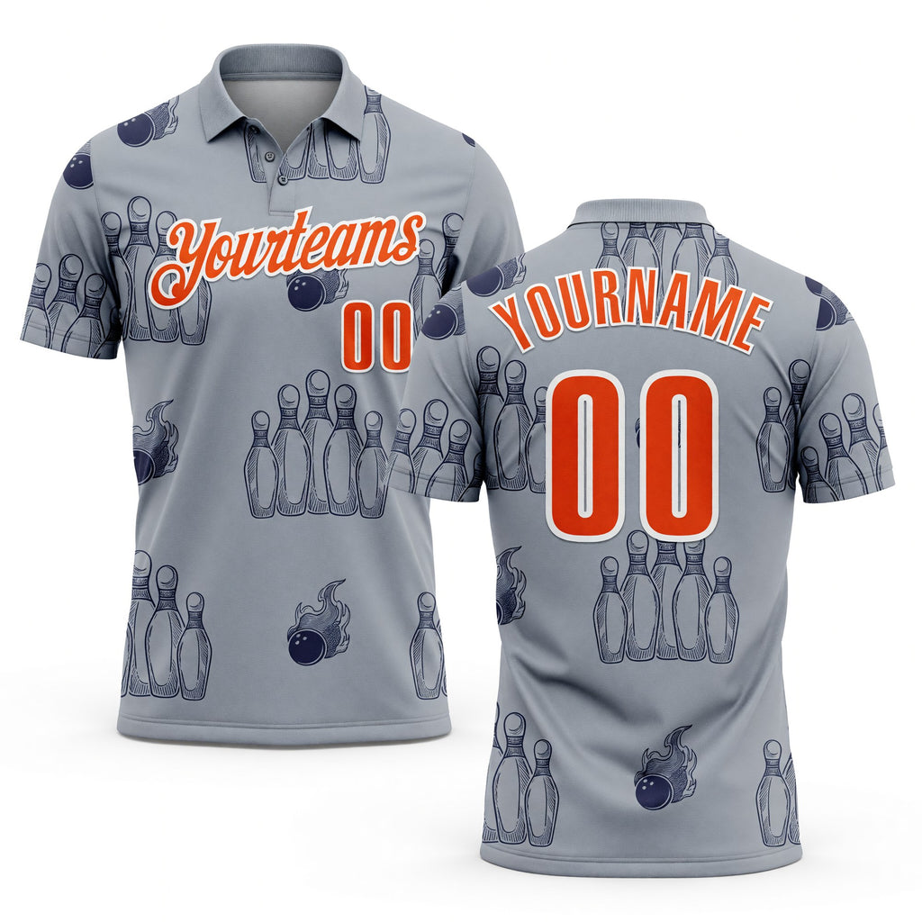 Custom Gray Orange-White Fire Bowling Ball And Pins Performance Polo Shirt