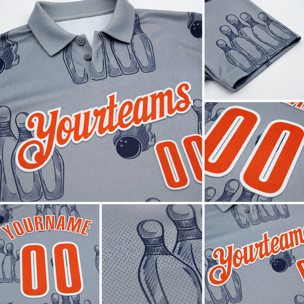 Custom Gray Orange-White Fire Bowling Ball And Pins Performance Polo Shirt detail