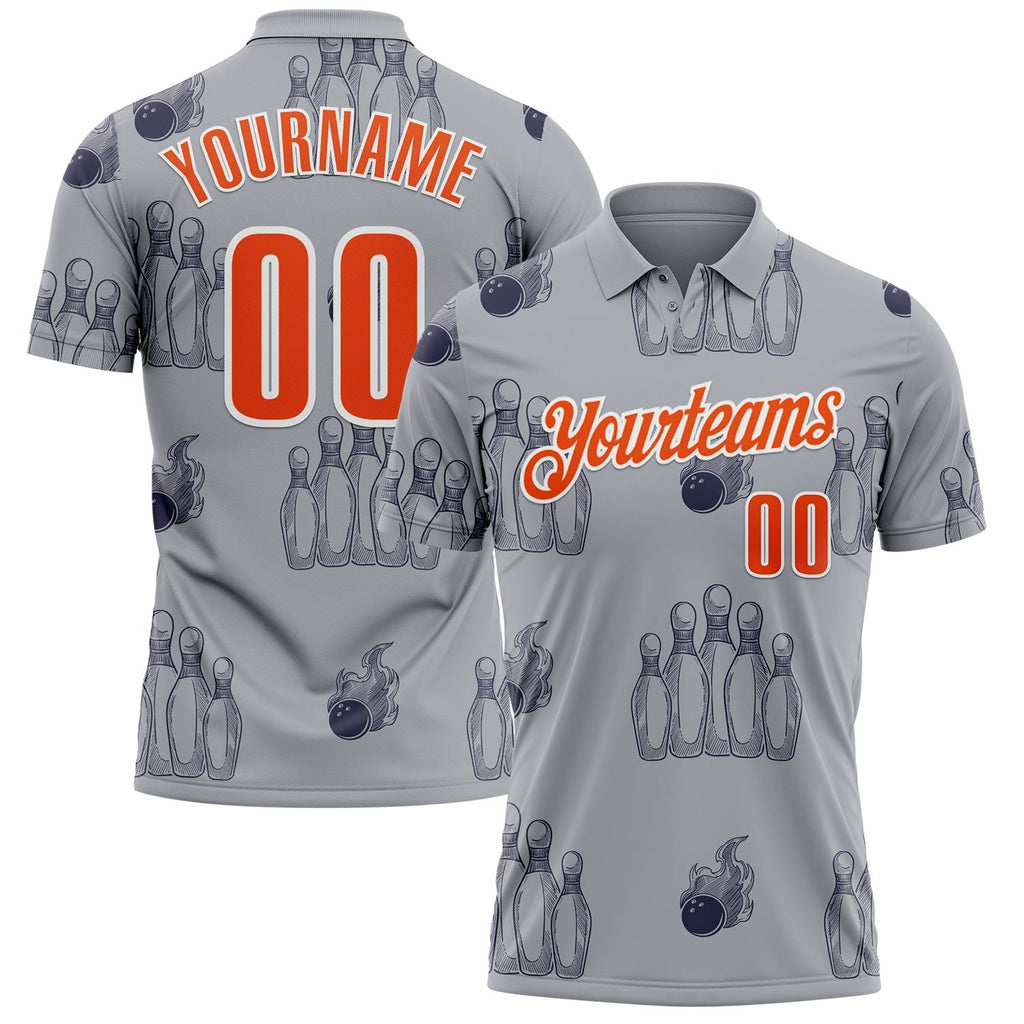 Custom Gray Orange-White Fire Bowling Ball And Pins Performance Polo Shirt photo 1