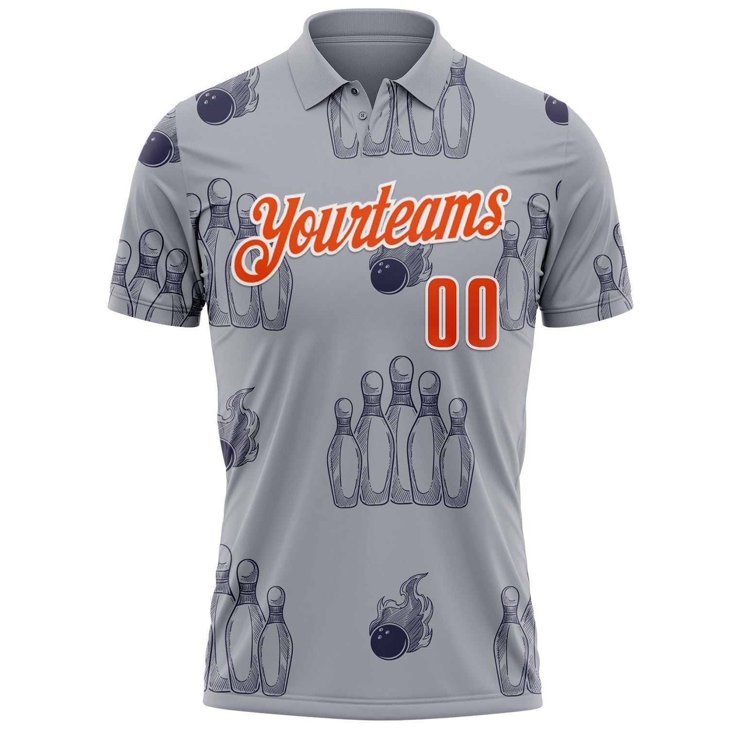 Custom Gray Orange-White Fire Bowling Ball And Pins Performance Polo Shirt photo 2
