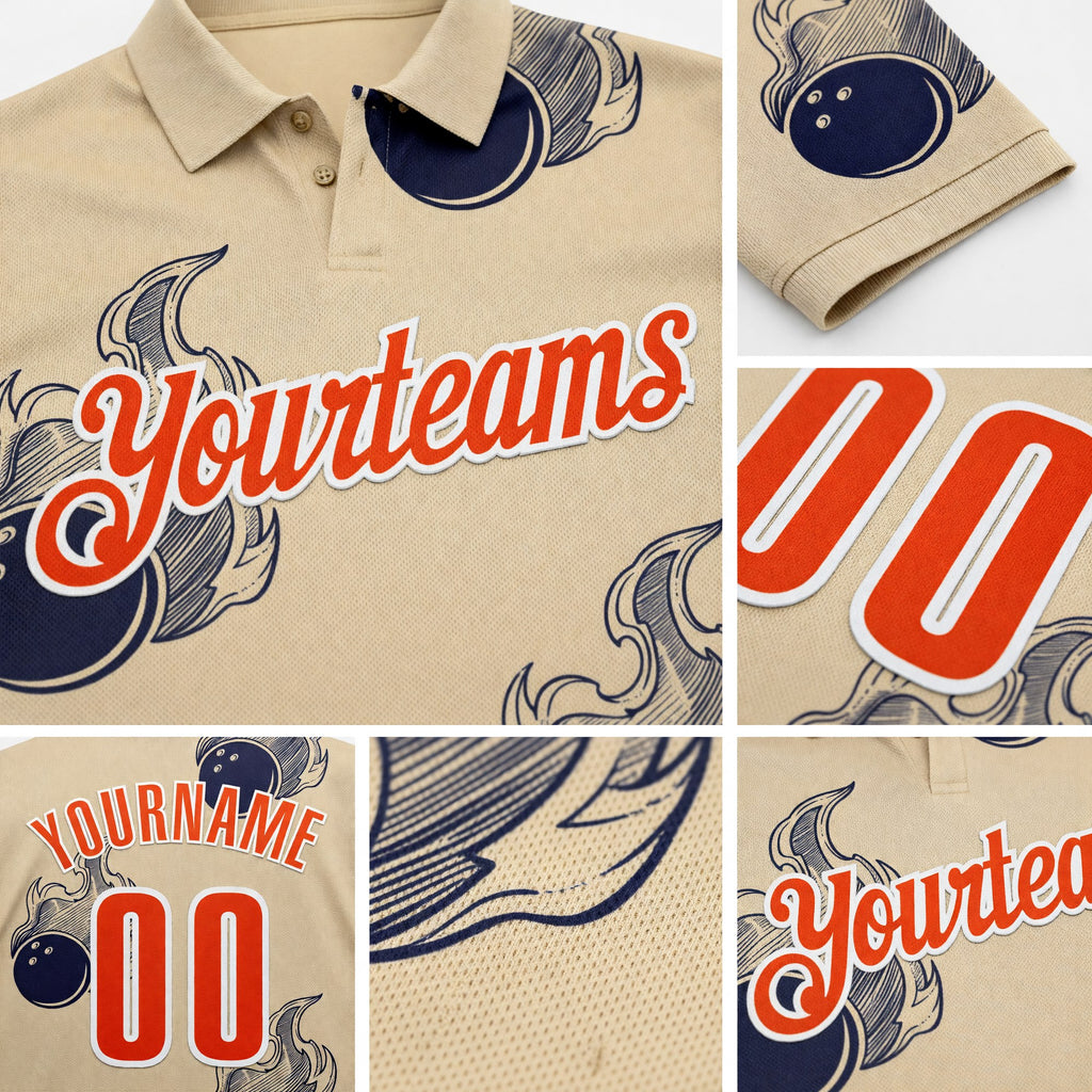 Custom City Cream Orange-White Fire Bowling Ball Performance Polo Shirt detail