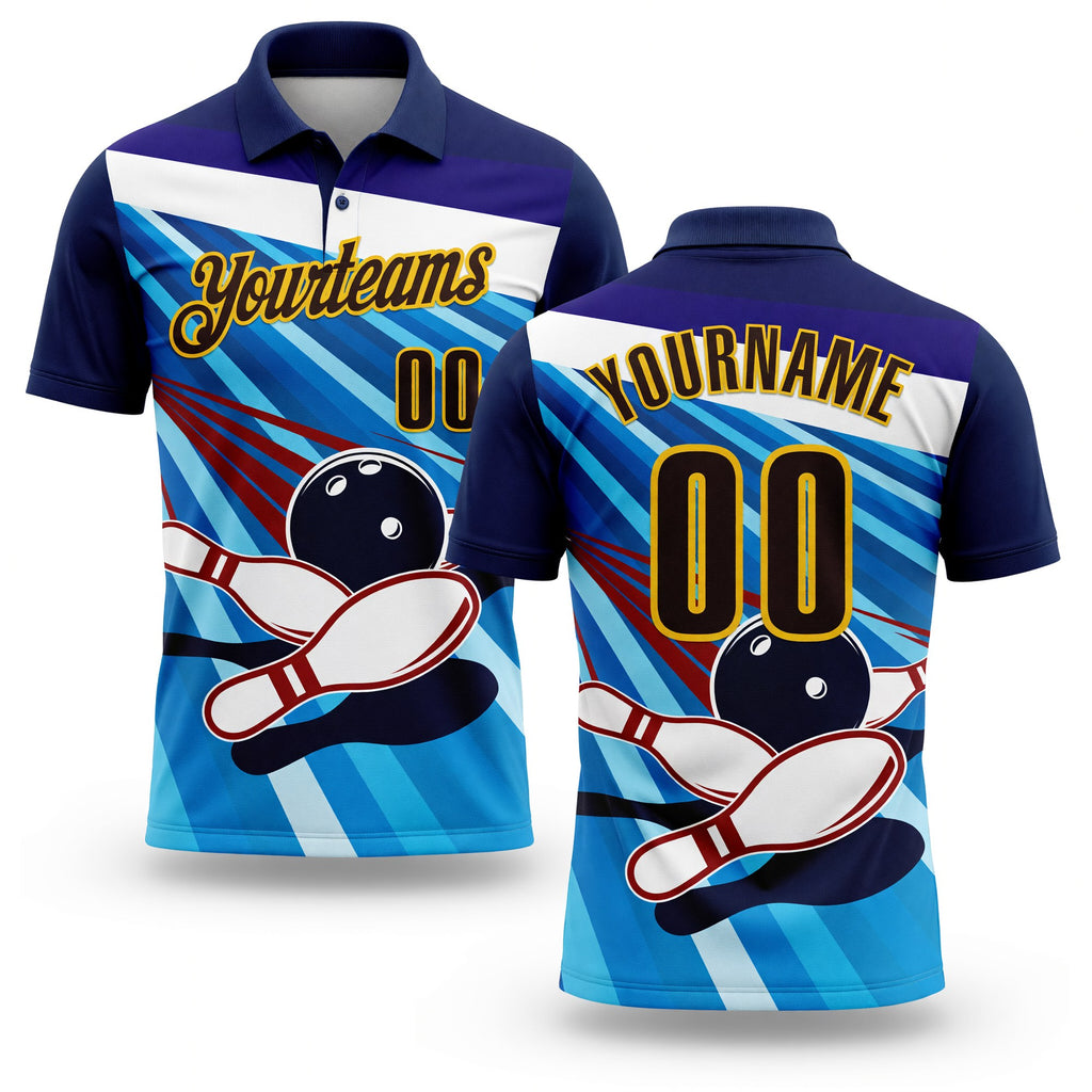 Custom Navy Brown Blue-Yellow Bowling Ball And Pins Strike Performance Polo Shirt